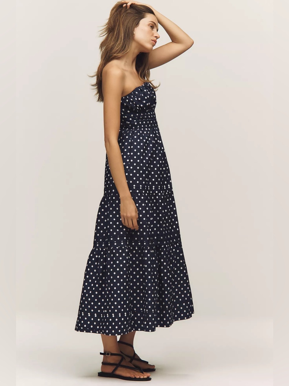 Anthropologie Somerset Strapless Maxi Dress navy polka dot